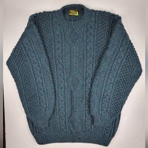 Authentic Aran Fisherman Sweater Heavy Thick Cable Wool Made In Ireland Green L
